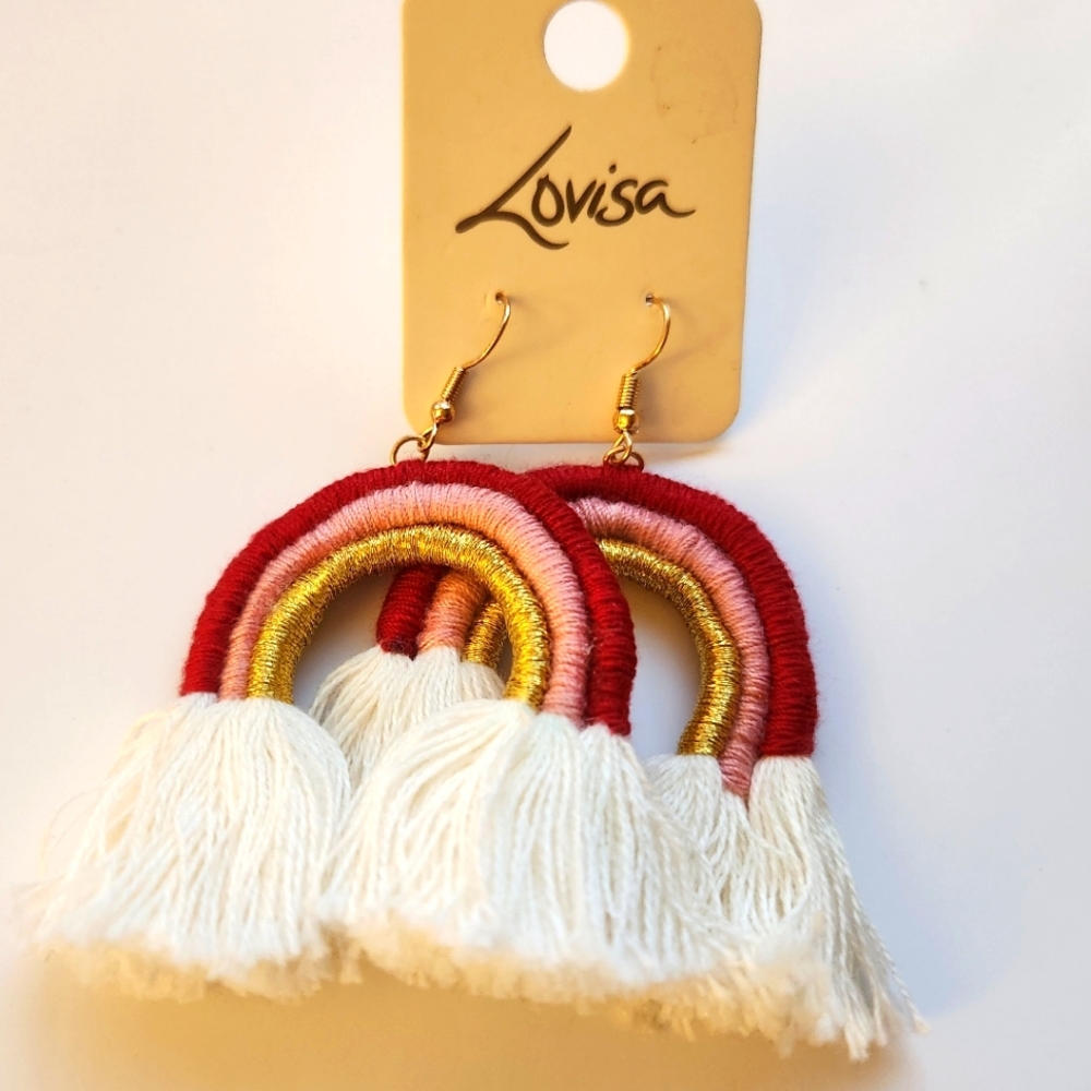 NWT Boho Three Color Layered Rainbow Dangle Earrings with Tassels